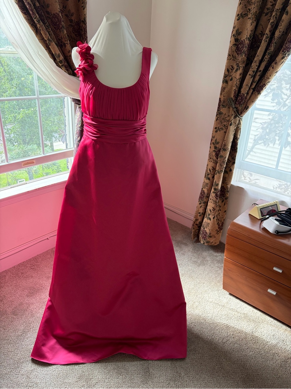 David's Bridal Fuchsia A-Line Satin Maxi Dress with Floral Shoulder